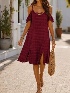 Wanderlux Burgundy Strappy Off-Shoulder Midi Dress | Boho Festival Cottagecore
